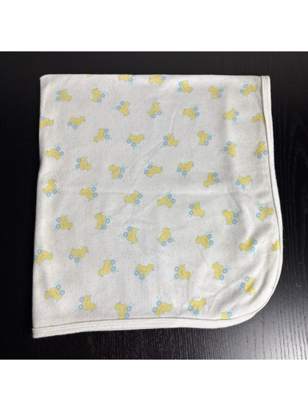 Vintage 90s LITTLE ME Baby Blanket White Yellow Blue Cotton Knit Duck Print
